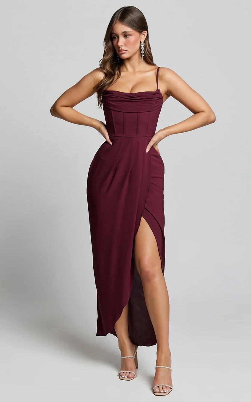 NWT Showpo Andrina Midi Dress High Low Corset Wrap Dress in "Wine" Purple Size 6